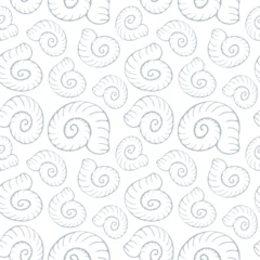 Minimalist seamless pattern featuring hand drawn ammonite and nautilus shell outlines in light gray on a white background. Elegant repeating design for coastal textiles and wallpaper. © ArtValeriia