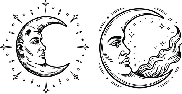 Vintage Mystical Crescent Moon Face Vector Set Featuring Hand Drawn Esoteric Celestial Stars and Alchemical Woodcut Style Astrology Illustrations
