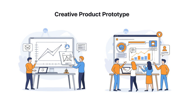 Illustration of teams developing product prototypes and analyzing data on digital interfaces.