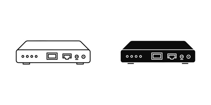 Network switch or modem set in outline and solid black styles for data communication hardware internet
