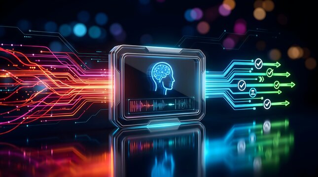 Glowing artificial intelligence brain microchip concept with secure digital network circuits for advanced machine learning automation and futuristic enterprise computing technology