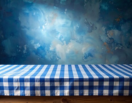 Table with blue pattern.