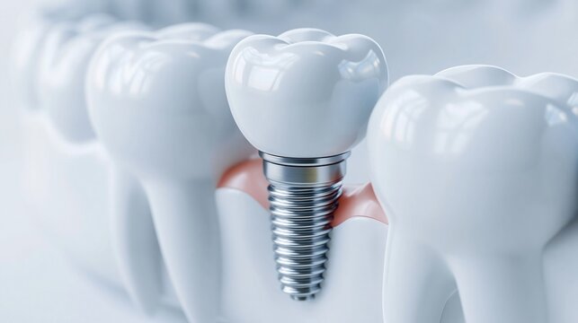 Close-up 3D render of a dental implant replacing a missing tooth, showcasing advanced prosthetics and oral healthcare