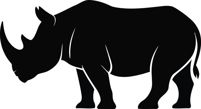 Black silhouette of a standing rhinoceros with horns rhinoceros silhouette wildlife isolated creative illustration creature standing minimalist education environment endangered