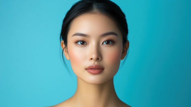 Young woman with natural makeup poses against a vibrant blue background.