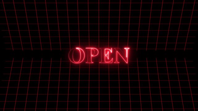 Open sign glows with a bright red neon light effect against a dark digital grid background which provides a modern aesthetic for business signage concepts that require a clear and professional.