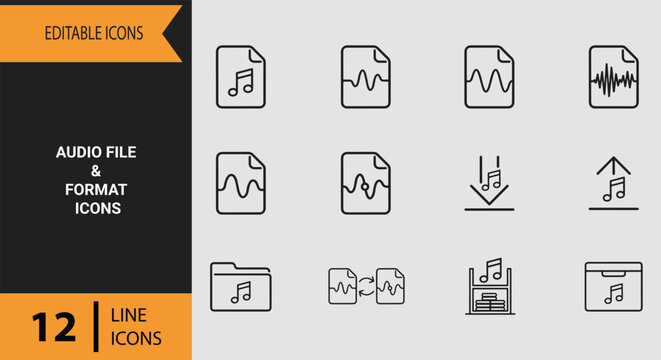 Audio File and Format Icons Outline icon set: Digital Audio File and Format Outline Icons for Media Players and Sound Storage