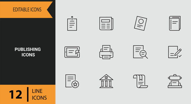 Publishing Icons Outline icon set: Professional Publishing Outline Icons for Book Editorial Print Media and Independent Content Creators