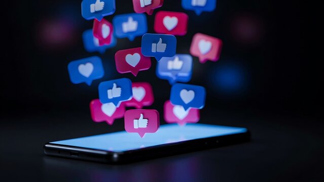 Smartphone with floating social media notification icons on dark background