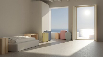Fototapeta premium Serene Hotel Room with Colorful Luggage and Ocean View Balcony During Bright Sunny Day