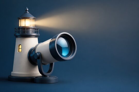 Lighthouse with camera lens concept in blue 3D render for navigation and guidance