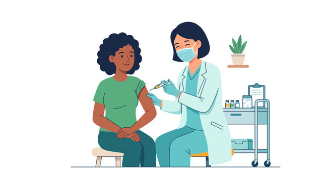 Cartoon Doctor Woman Providing Medical Care to Child Patient with Family and Nurse in Hospital Vector Illustration