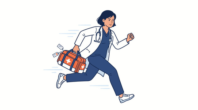 Young Woman doctor run to patient Cartoon Vector Illustration