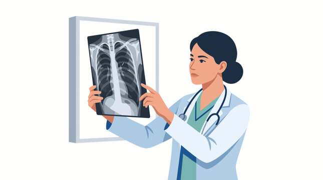Professional Female Doctor Examining X Ray Image in Hospital Clinic Healthcare Setting with Stethoscope and Medical Expertise