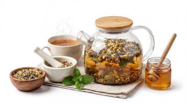 wellness rituals, a calming herbal tea setup featuring vibrant natural ingredients on white