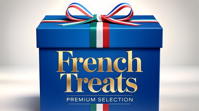 Elegant Blue Gift Box with Red and White Ribbon for Premium French Treats Close Up