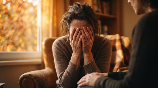 Upset woman suffering from severe stress and depression. A therapist holds a counseling session in a comfortable office atmosphere. Patient struggles with negative emotions after a traumatic event.