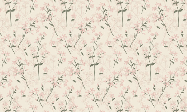 Seamless botanical pattern with delicate pink wildflowers, graceful leafy branches, soft pastel colors, vintage cottagecore style for fabric, wallpaper, wrapping paper, stationery, textile and surface