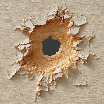 Close-up of a bullet hole in light beige material, showing radial cracking and splintering