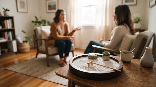 Solving mental issues together. Comfortable dialogue in office. Psychotherapy session. Woman talks to therapist. Mental health support and care. Two women have conversation.