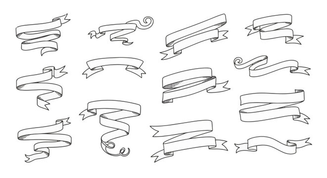 Collection of hand-drawn vintage ribbon banners and parchment scrolls in black and white line art style. Set of decorative curved paper strips for invitations and labels.