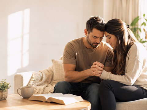 Young couple holding hands in prayer beside an open Bible at home, peaceful Christian devotion and faith relationship concept.