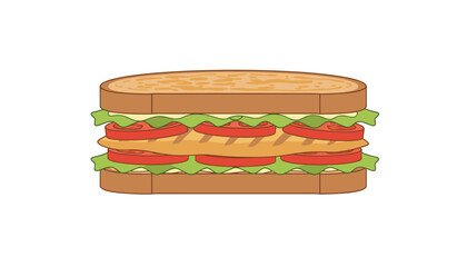 Obraz premium Freshly prepared toasted sandwich featuring layers of green lettuce, sliced red tomatoes, and grilled meat served on crusty whole grain bread.