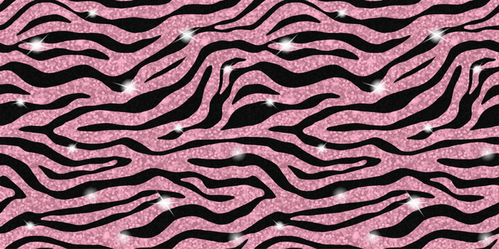 Seamless y2k 2000s pink glitter zebra pattern with irregular black wavy stripes and a textured sparkly surface. Suitable for wrapping paper, fabric, wallpaper, stationery, packaging, cards and labels.