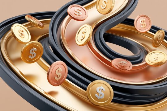 Close-up 3D render of flowing gold and copper dollar coins on abstract metallic loops for finance and wealth concepts