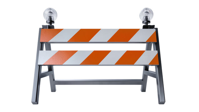 Orange and white striped traffic barrier with lights, isolated on transparent background