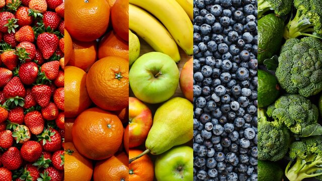 Fresh colorful fruits and vegetables arranged in healthy nutrition collage
