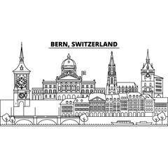 Fototapeta premium Bern Switzerland skyline outline during daytime with iconic architecture and river boat