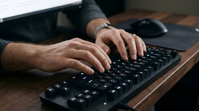Programmer's hands typing on mechanical keyboard with code displayed on monitor