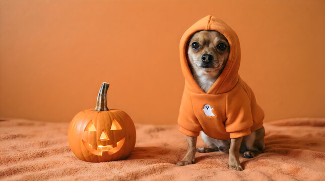 Happy halloween dog in orange hoodie with ghost patch next to jack o' lantern