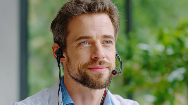 Precision telemedicine headset communication technology support concept