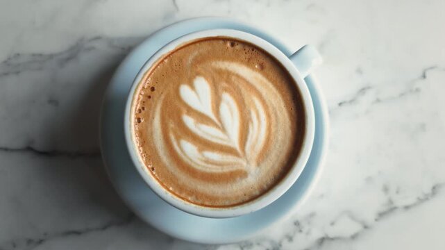 Fresh cup of cappuccino with beautiful latte art on wooden table, styled in soft pastel light blue tones creating cozy, serene and modern aesthetic.