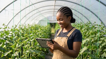 Fototapeta premium Smiling young woman in overalls stands in a greenhouse aisle, holding a tablet and checking vine crops with hanging strings and leafy plants around her