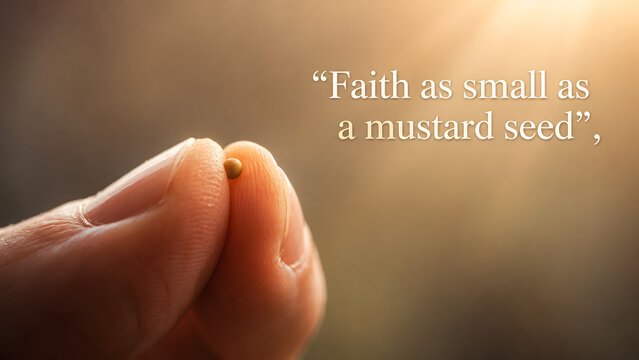 A close-up shot of a person's fingers holding a tiny mustard seed, with the text 'Faith as small as a mustard seed' overlaid on the image.