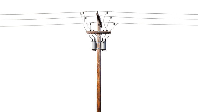 Wooden utility pole with transformers and wires, isolated on transparent background