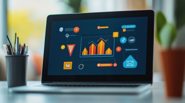 Modern laptop displays vibrant financial data charts and analytical interface icons.