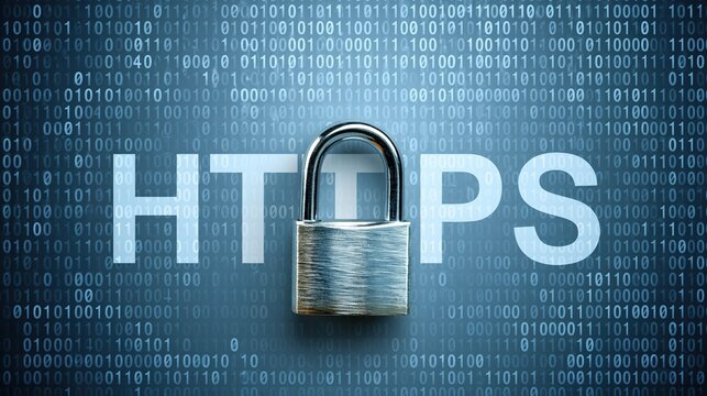 Secure padlock symbol over digital background of binary code, representing HTTPS security and online data protection.