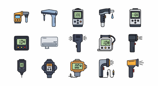 Collection of various professional measurement and inspection tools icons.
