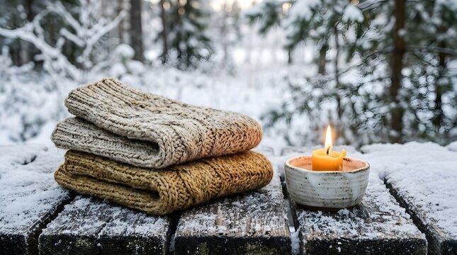 Cozy winter Christmas scene with stacked knitted blankets and lit candle in snowy outdoor setting