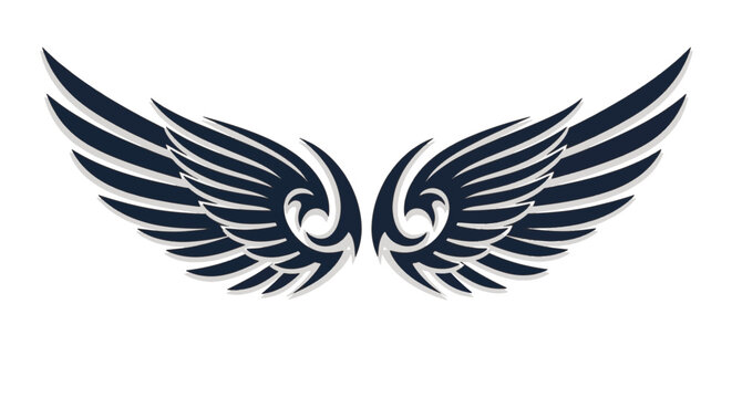 Symmetrical tribal wing motif with layered feathers in dark blue and light gray outlines. Stylized eagle or hawk wings graphic design element isolated on a white background.