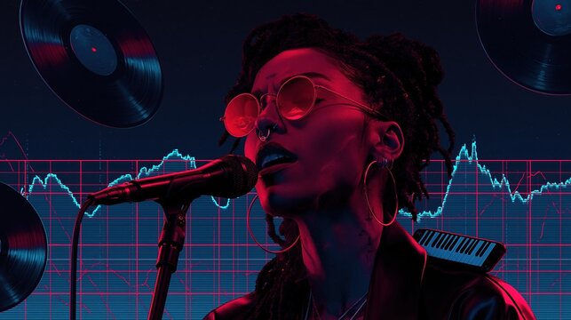Vibrant Singer Performing with Microphone Under Neon Lights Surrounded by Vinyl Records and Music Charts