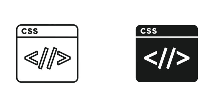 Css code window in outline and solid black styles for web development and programming interface projects