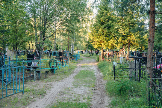 Narrow earthen path running between rows of old graves and tall trees in a traditional quiet village cemetery