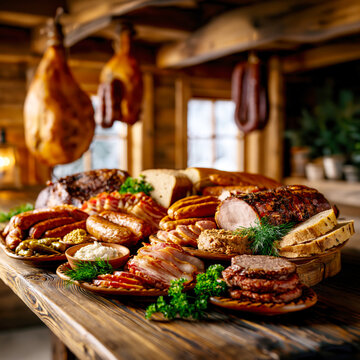 Rustic Smoked Meat and Sausage Still Life &ndash; AI Generative