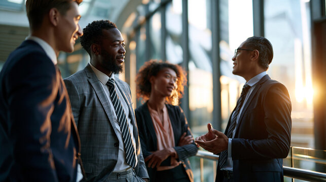 Team meeting with executives in formal suits discussing quarterly results beside office floor to ceiling windows in an urban corporate setting with elegant professionalism