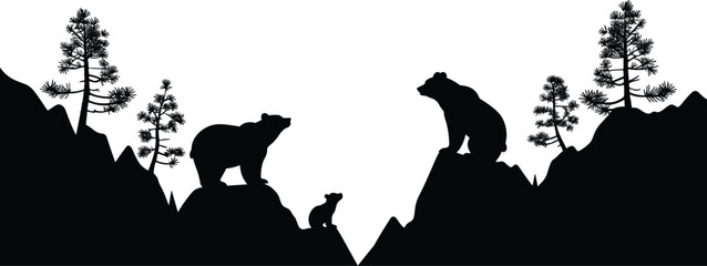 Silhouettes of bears and pine trees on mountain peaks in a landscape Keywords: bears, bear cub, mother bear, father bear, pine trees, mountains, peaks, landscape © Vectorplanet